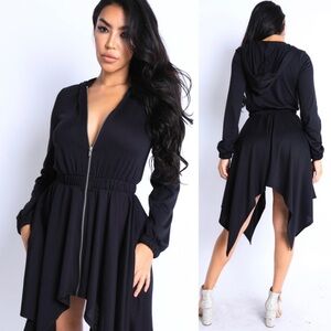 Stylish Black Zipper Hooded Dress